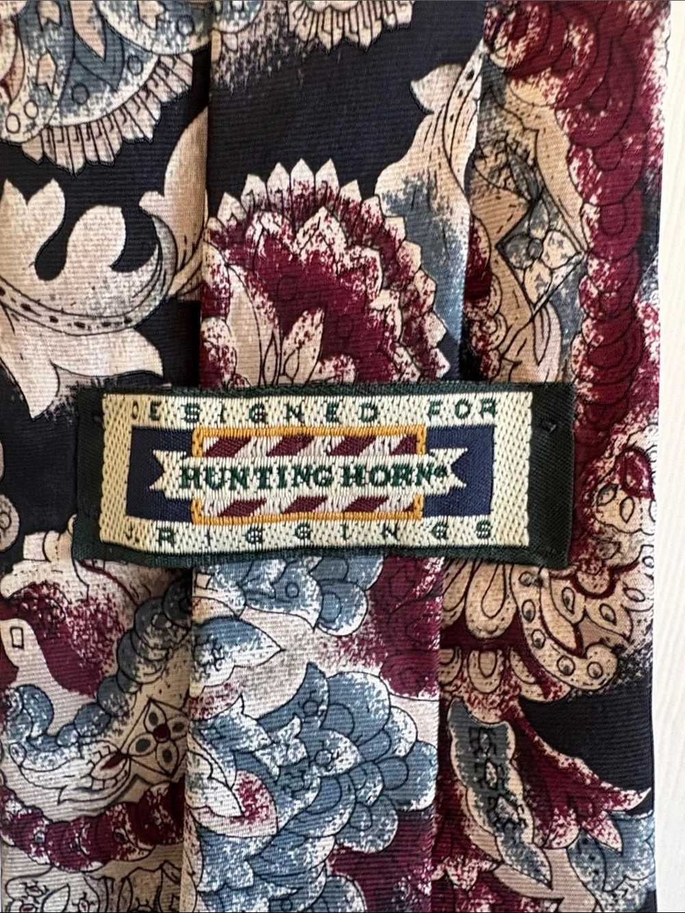 Hunting Horn Discontinued Paisley Floral Tie in Black, Burgundy & Blue 100% Silk